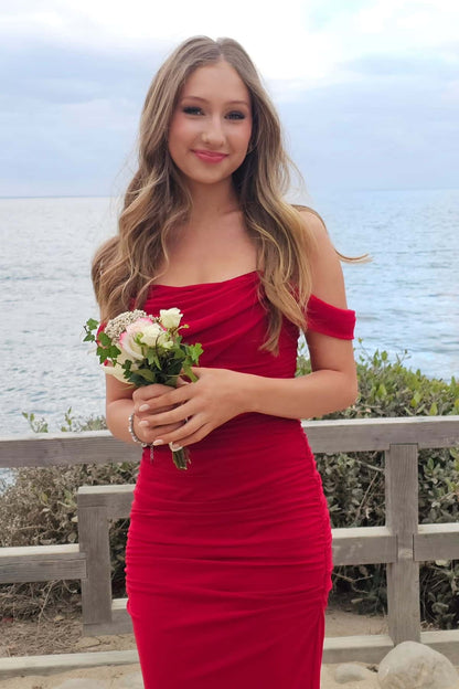 Bateau Off-Shoulder Fitted Pleated Party Prom Dress