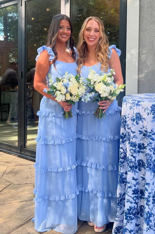 Bateau Sleeveless A-Line Ruffled Long Bridesmaid Dress