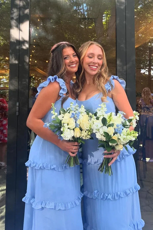 Bateau Sleeveless A-Line Ruffled Long Bridesmaid Dress