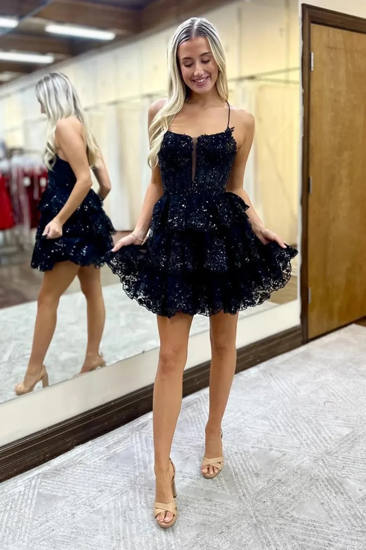 Bateau Spaghetti Straps A-Line Lace Sparkly Homecoming Dress