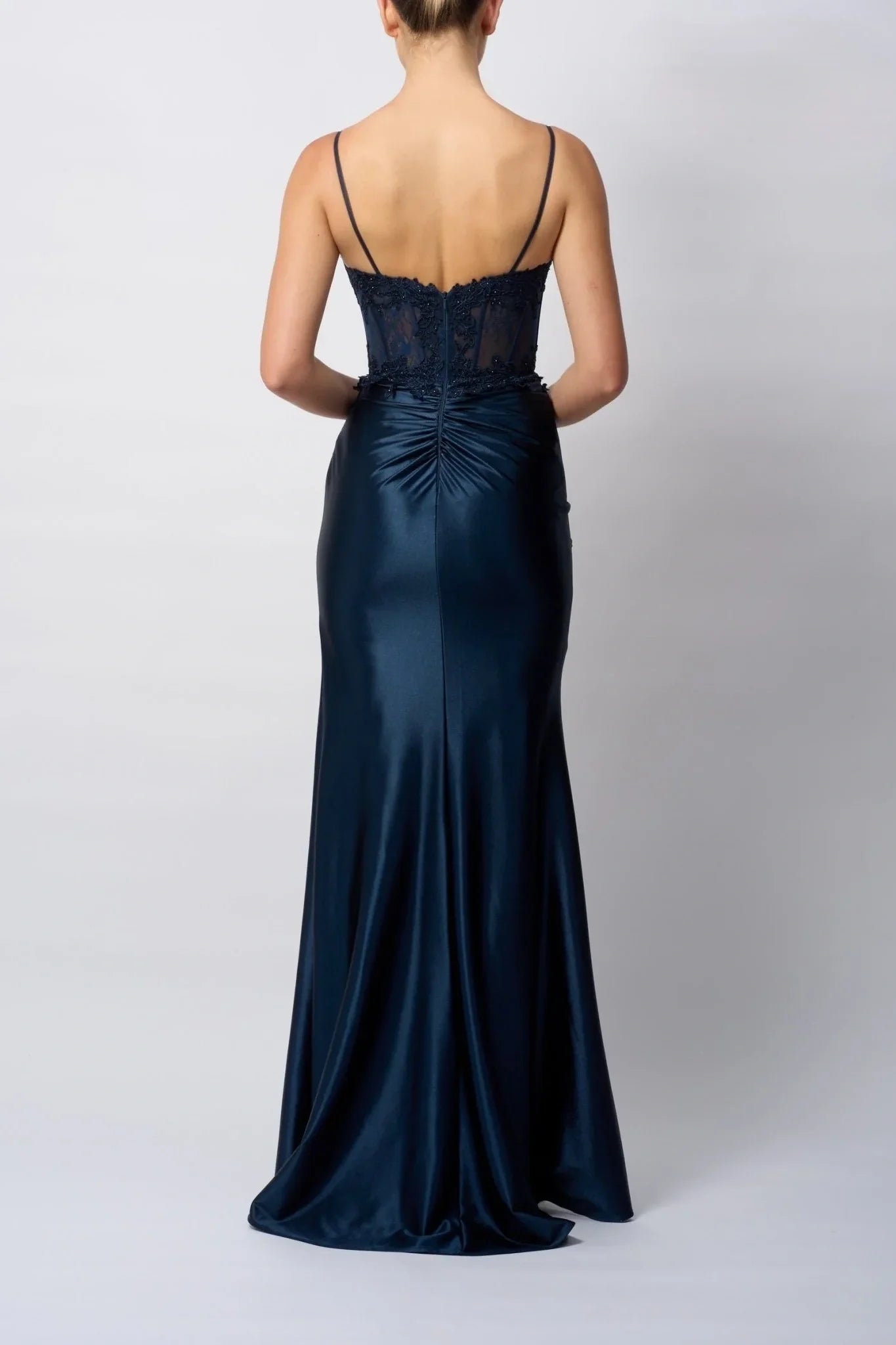 Bateau Spaghetti Straps Appliques Empire Ruched Party Prom Dress