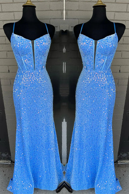 Bateau Spaghetti Straps Empire Sequins Mermaid Prom Dress