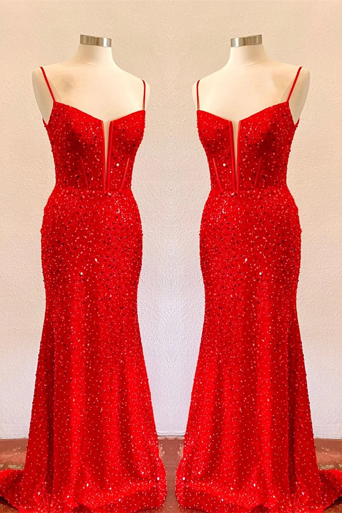 Bateau Spaghetti Straps Empire Sequins Mermaid Prom Dress