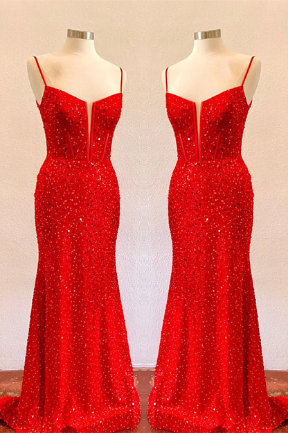 Bateau Spaghetti Straps Empire Sequins Mermaid Prom Dress
