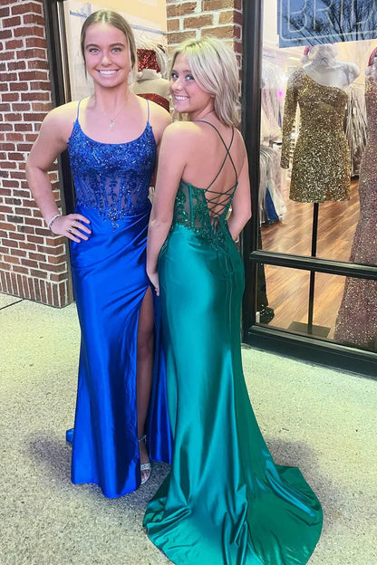 Bateau Spaghetti Straps Lace Appliques With Train Prom Dress