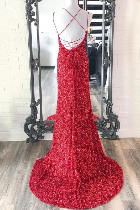 Bateau Spaghetti Straps Lace Up Fully Sequins Party Prom Dress