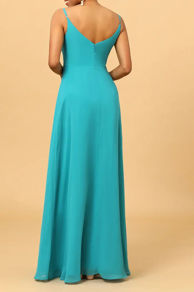 Bateau Spaghetti Straps Satin A-Line Floor-Length Bridesmaid Dress