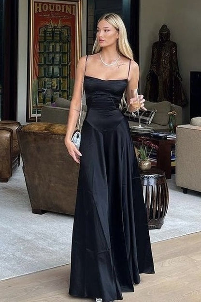 Bateau Spaghetti Straps Satin A-Line Long Party Prom Dress