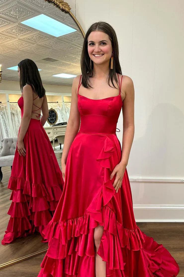 Bateau Spaghetti Straps Tiered Satin Party Prom Dress