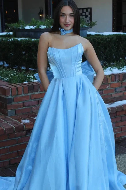 Bateau Strapless A-Line Satin Party Prom Dress With Pockets