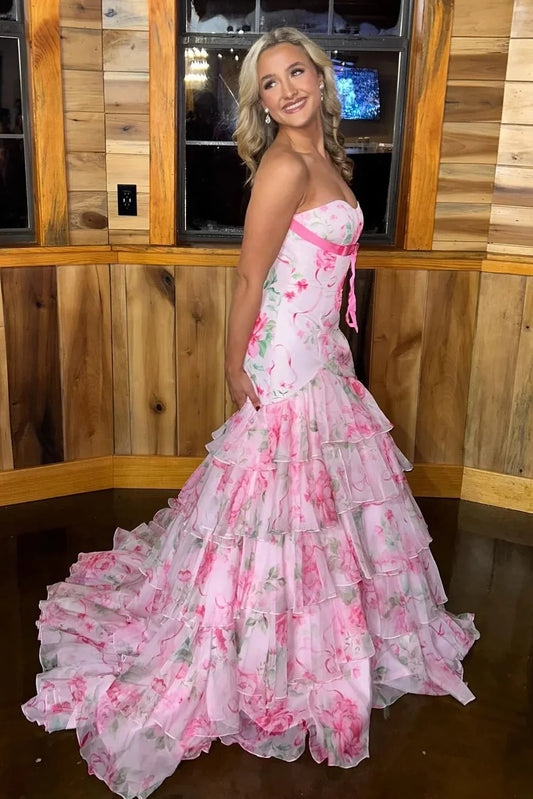 Bateau Strapless Mermaid Chiffon Tiered Floral Prom Dress