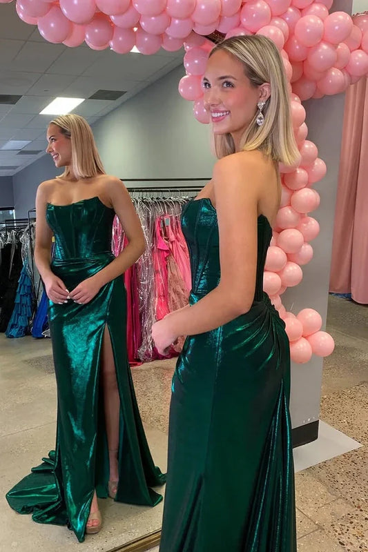 Bateau Strapless Pleated Empire Mermaid Party Prom Dress With Train