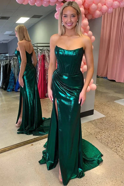 Bateau Strapless Pleated Empire Mermaid Party Prom Dress With Train