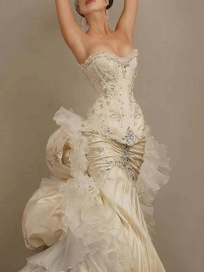 Exquisite Mermaid Sweetheart Neck Beaded Tulle Satin Long Prom Dress Wedding Dress SH3551