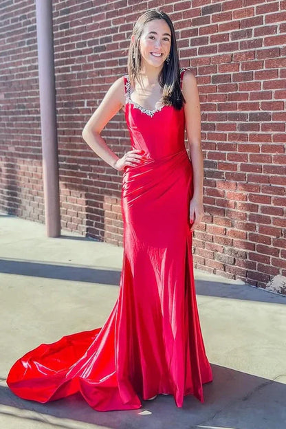 Beaded Sweetheart Sleeveless Satin Mermaid Party Prom Dress
