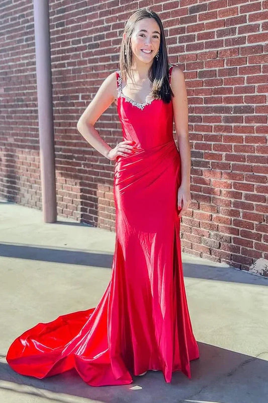Beaded Sweetheart Sleeveless Satin Mermaid Party Prom Dress