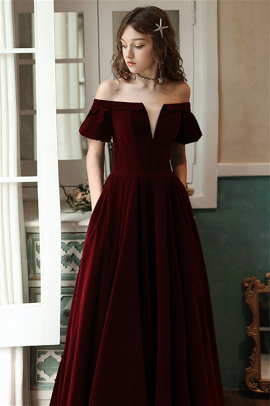 Bell Off-Shoulder Empire A-Line Velvet Party Prom Dress