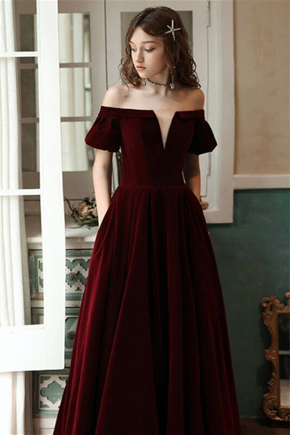 Bell Off-Shoulder Empire A-Line Velvet Party Prom Dress