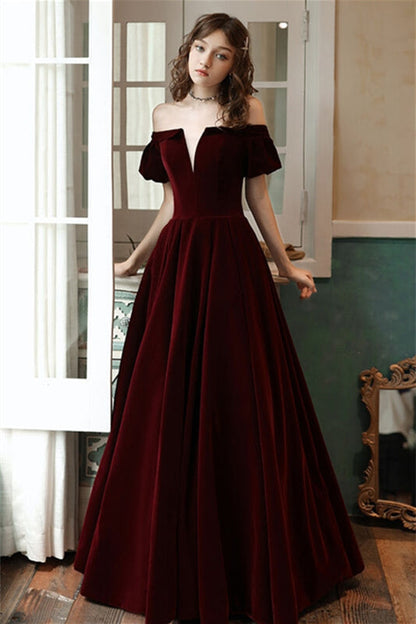 Bell Off-Shoulder Empire A-Line Velvet Party Prom Dress
