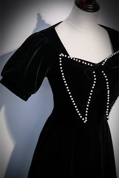 Short Sleeves Empire Velvet A-Line Prom Party Dress With Bow