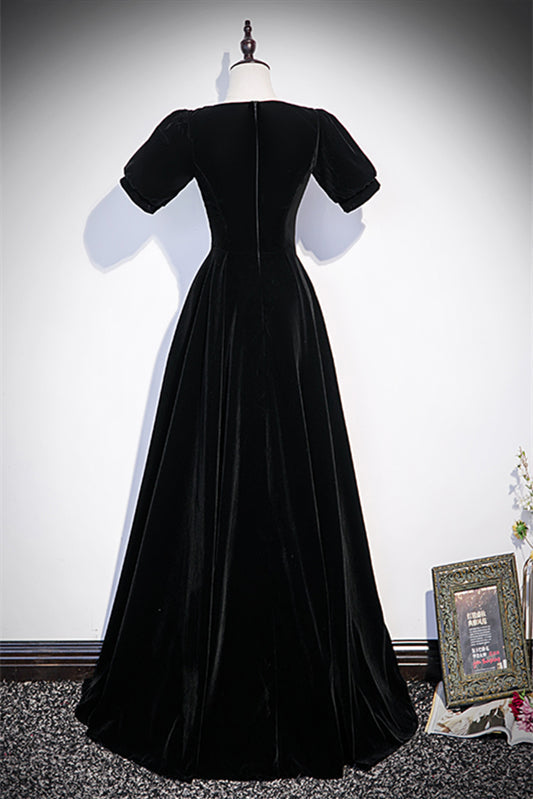 Short Sleeves Empire Velvet A-Line Prom Party Dress With Bow