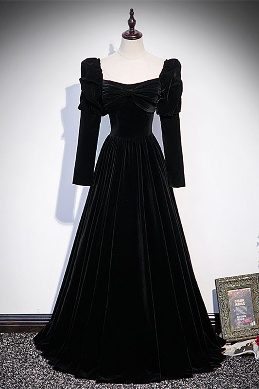 Long Sleeves A-Line Square Velvet Black Prom Dress