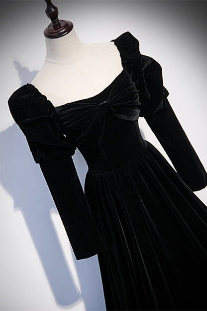 Long Sleeves A-Line Square Velvet Black Prom Dress