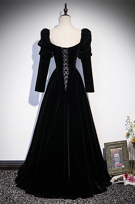 Long Sleeves A-Line Square Velvet Black Prom Dress