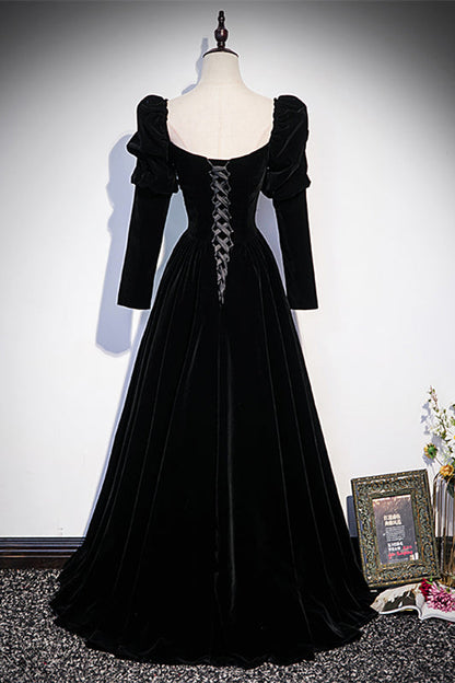 Long Sleeves A-Line Square Velvet Black Prom Dress
