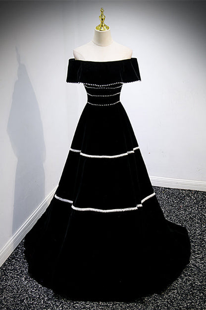 Black Off-Shoulder Empire A-Line Velvet Prom Party Dress