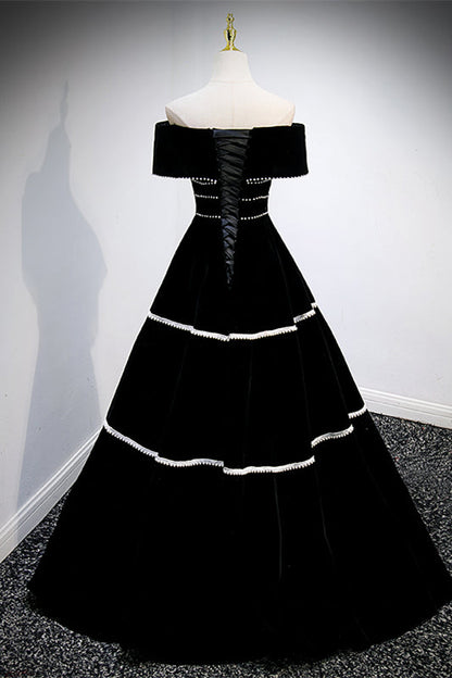 Black Off-Shoulder Empire A-Line Velvet Prom Party Dress