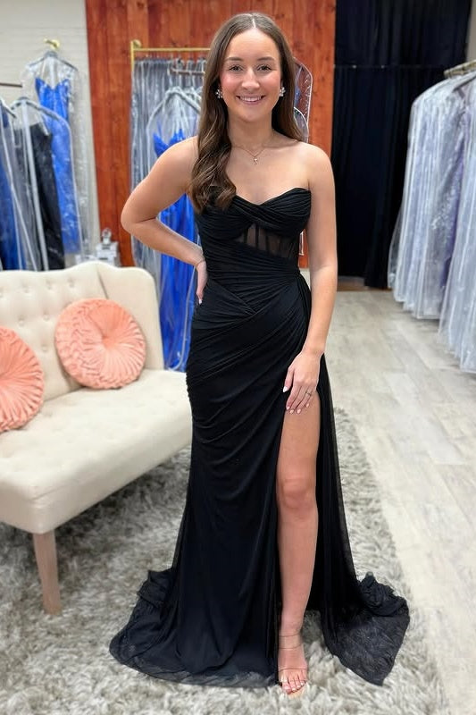 Black Chiffon Strapless Empire Party Prom Dress With Slit