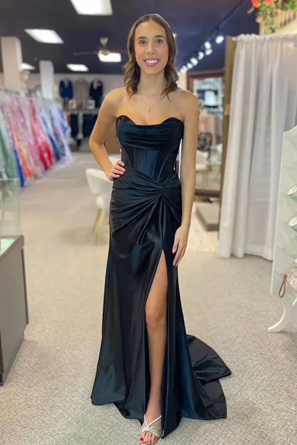 Black Empire Ruched Strapless Long Party Prom Dress