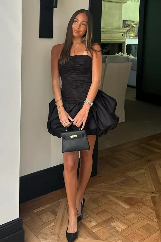 Black Satin A-Line Low Empire Strapless Short Homecoming Dress
