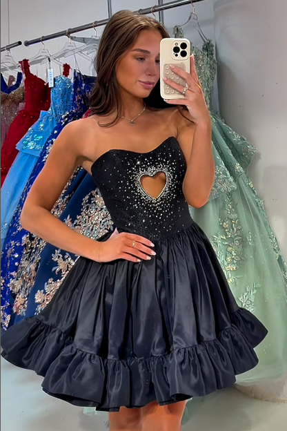 Black Satin A-Line Strapless Beaded Ruffle Homecoming Dress