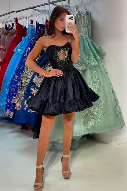 Black Satin A-Line Strapless Beaded Ruffle Homecoming Dress