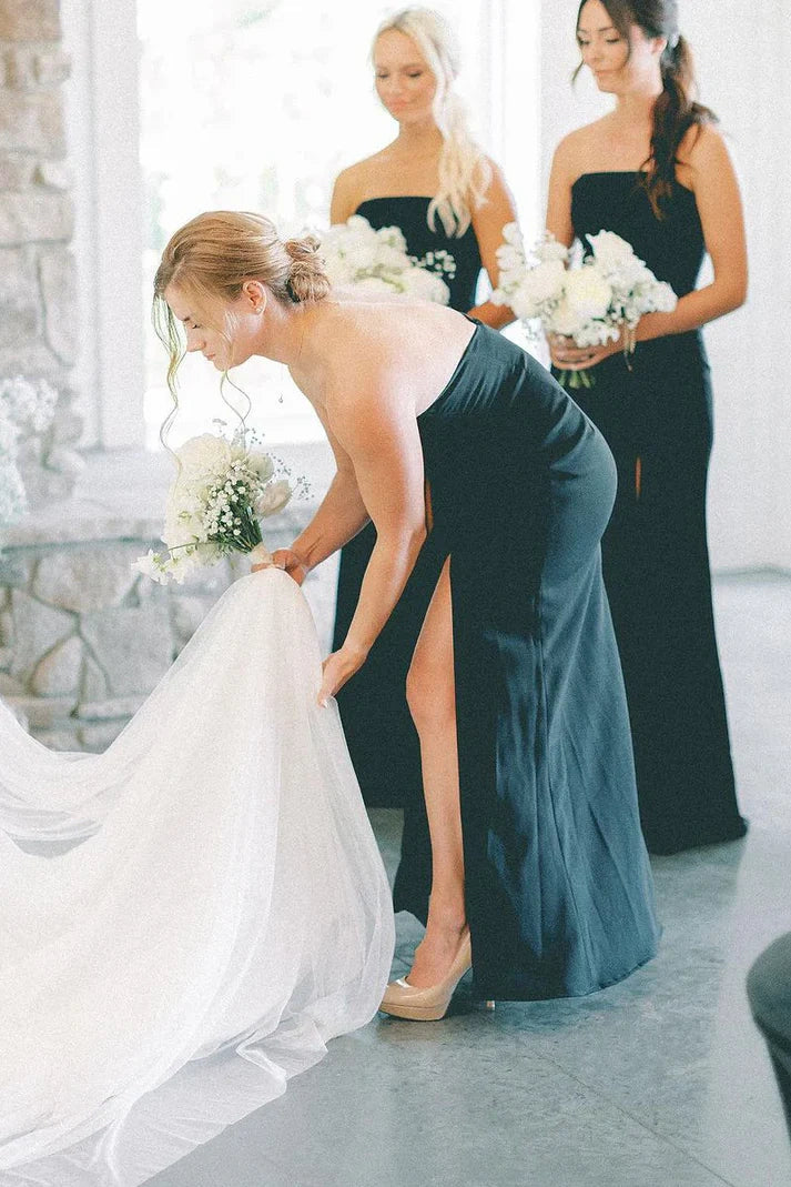 Black Satin Strapless A-Line Bridesmaid Dress With Slit
