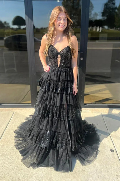Black Sparkly Lace And Tulle A-Line Tiered Party Prom Dress