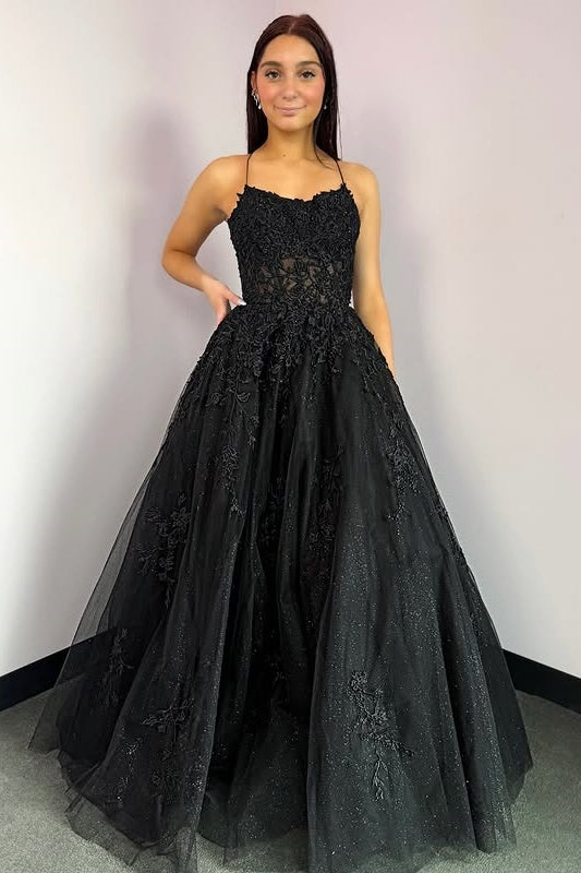 Black Sparkly Tulle A-Line Lace Appliques Long Prom Dress