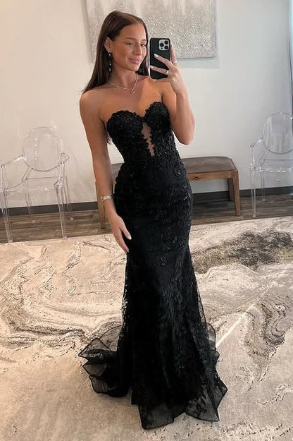 Black Strapless Lace Mermaid Long Party Prom Dress