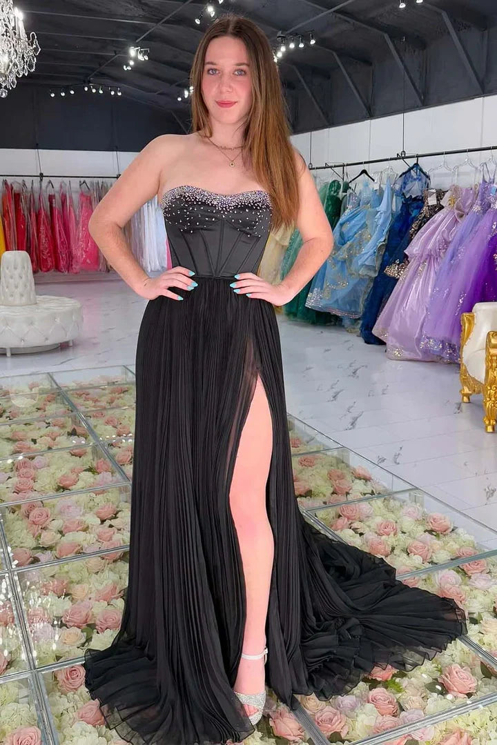 Black Sweetheart Strapless Beaded Empire A-Line Party Prom Dress