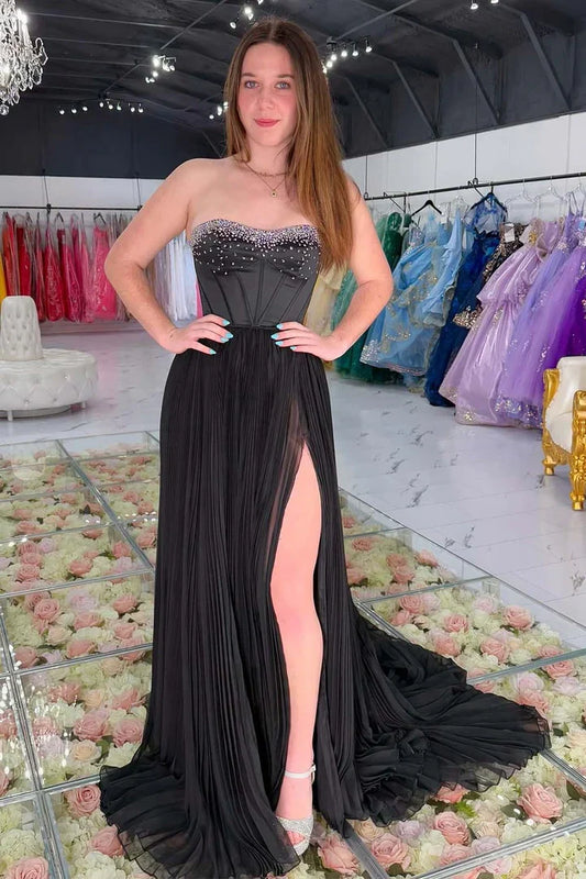 Black Sweetheart Strapless Beaded Empire A-Line Party Prom Dress