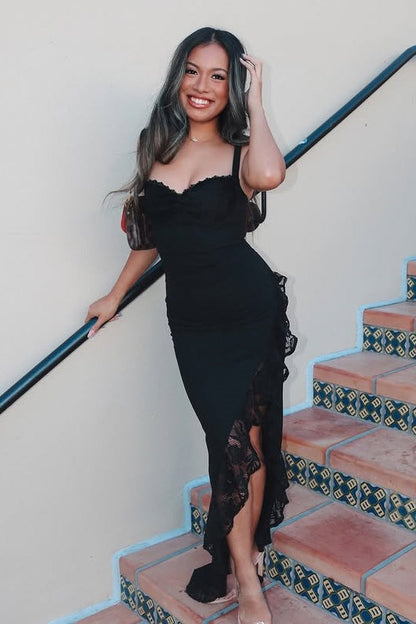 Black Sweetheart Straps Party Prom Dress With Lace Ruffle
