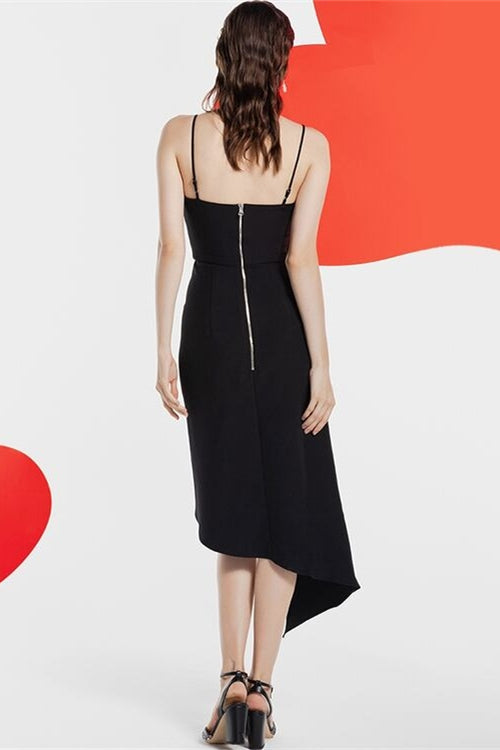 Casual Satin V-Neck Sleeveless Midi Asymmetric Party Dress
