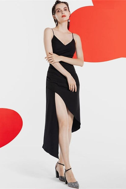 Casual Satin V-Neck Sleeveless Midi Asymmetric Party Dress