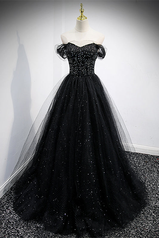 Sparkly Tulle A-Line Off-Shoulder Black Prom Party Dress