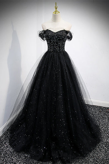 Sparkly Tulle A-Line Off-Shoulder Black Prom Party Dress