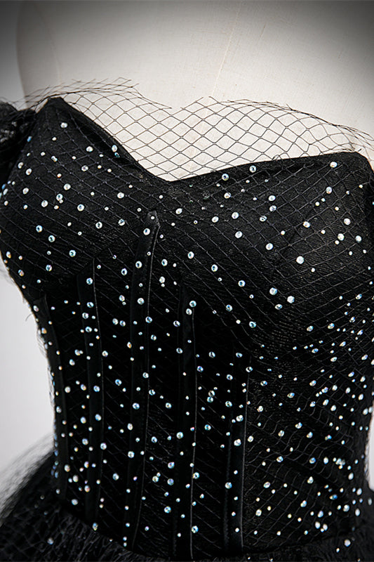 Sparkly Tulle A-Line Off-Shoulder Black Prom Party Dress