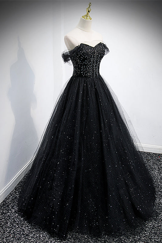 Sparkly Tulle A-Line Off-Shoulder Black Prom Party Dress