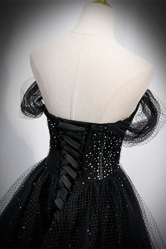 Sparkly Tulle A-Line Off-Shoulder Black Prom Party Dress